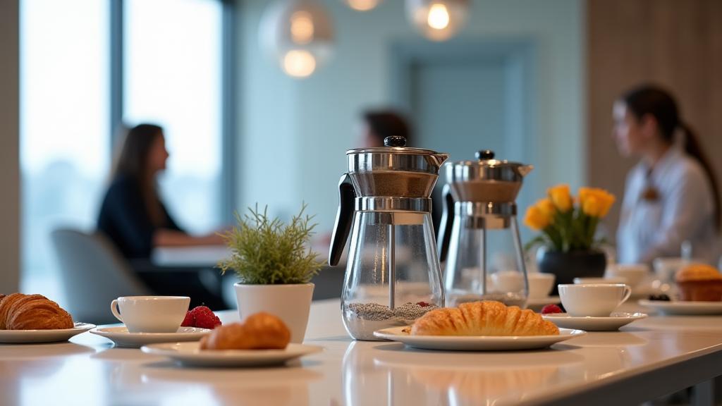 Elegant coffee service setup at an office meeting with pastries.