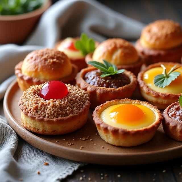 An arrangement of freshly baked Swiss pastries and tarts on a rustic wooden platter for catering.