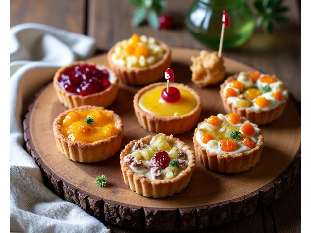 An arrangement of freshly baked Swiss pastries and tarts on a rustic wooden platter for catering.