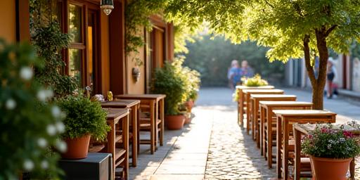 Sonniger Aussenbereich des Cafés mit bequemen Stühlen und Blumentöpfen