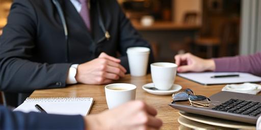 Zwei Personen bei einem lockeren Business-Meeting mit Kaffee und Notizbüchern
