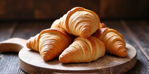 Frisch gebackene, goldbraune Croissants auf einem Holzbrett