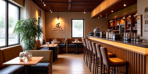 Gemütliches Café-Interieur mit Holztischen und sanfter Beleuchtung