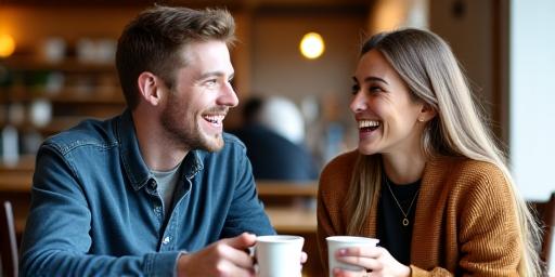 Zwei lachende Personen geniessen Kaffee und Kuchen an einem Fenstertisch
