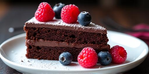 Eine perfekt geschnittene Scheibe saftiger Schokoladenkuchen mit Beeren garniert