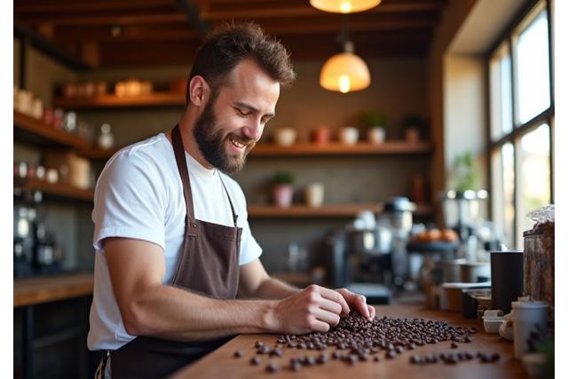 Der Gründer von Alpen Brise Café, ein Kaffee-Enthusiast, der Bohnen röstet